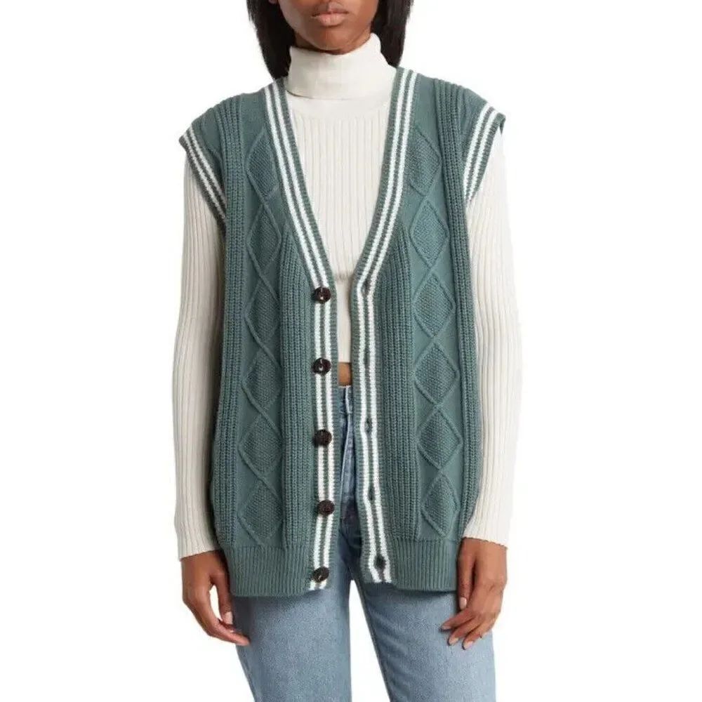 BP Nordstrom Oversized Cable Knit Sweater Vest In Green Size XS Preppy Unisex